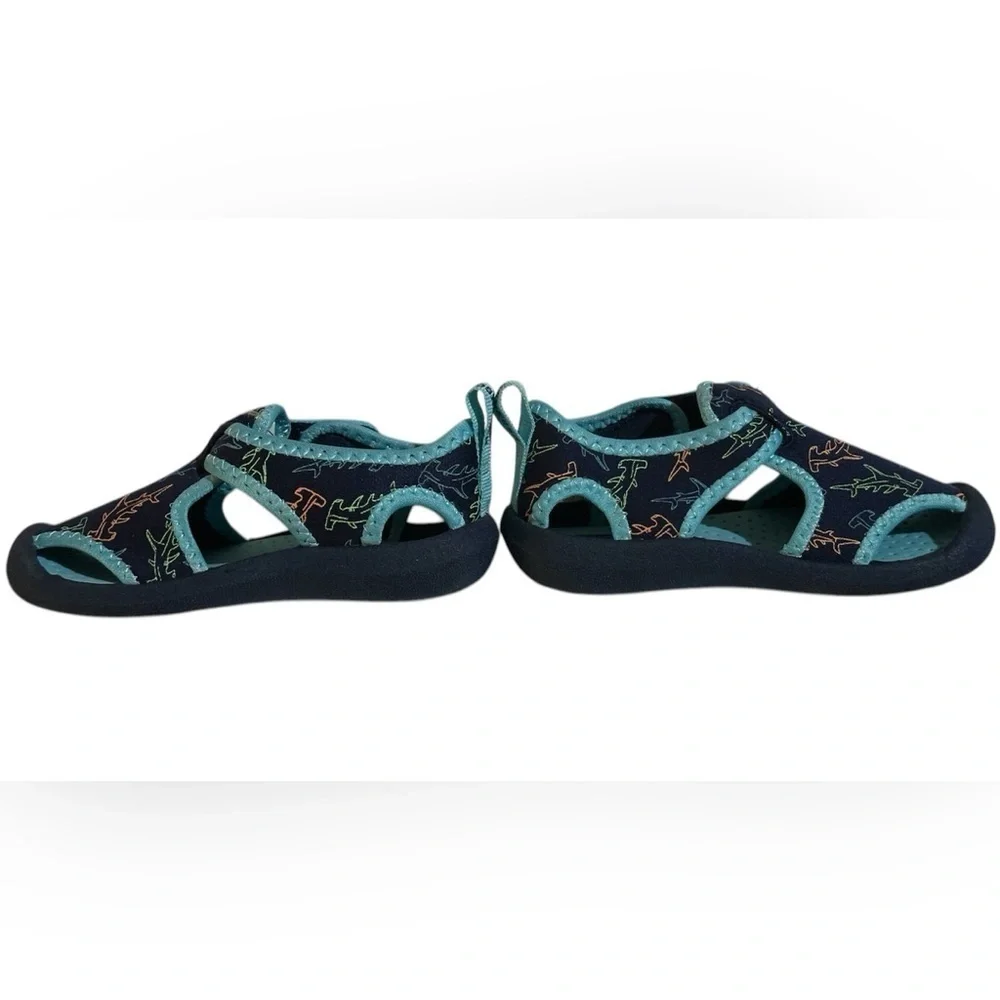 OshKosh B'gosh Kids water shoes with a shark print. Teal & black.